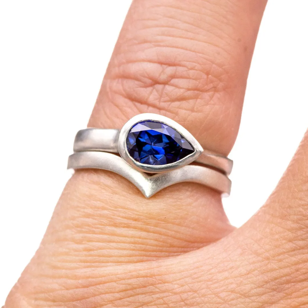 Pear Genuine Blue Sapphire Tear Drop Bezel Solitaire Engagement Ring