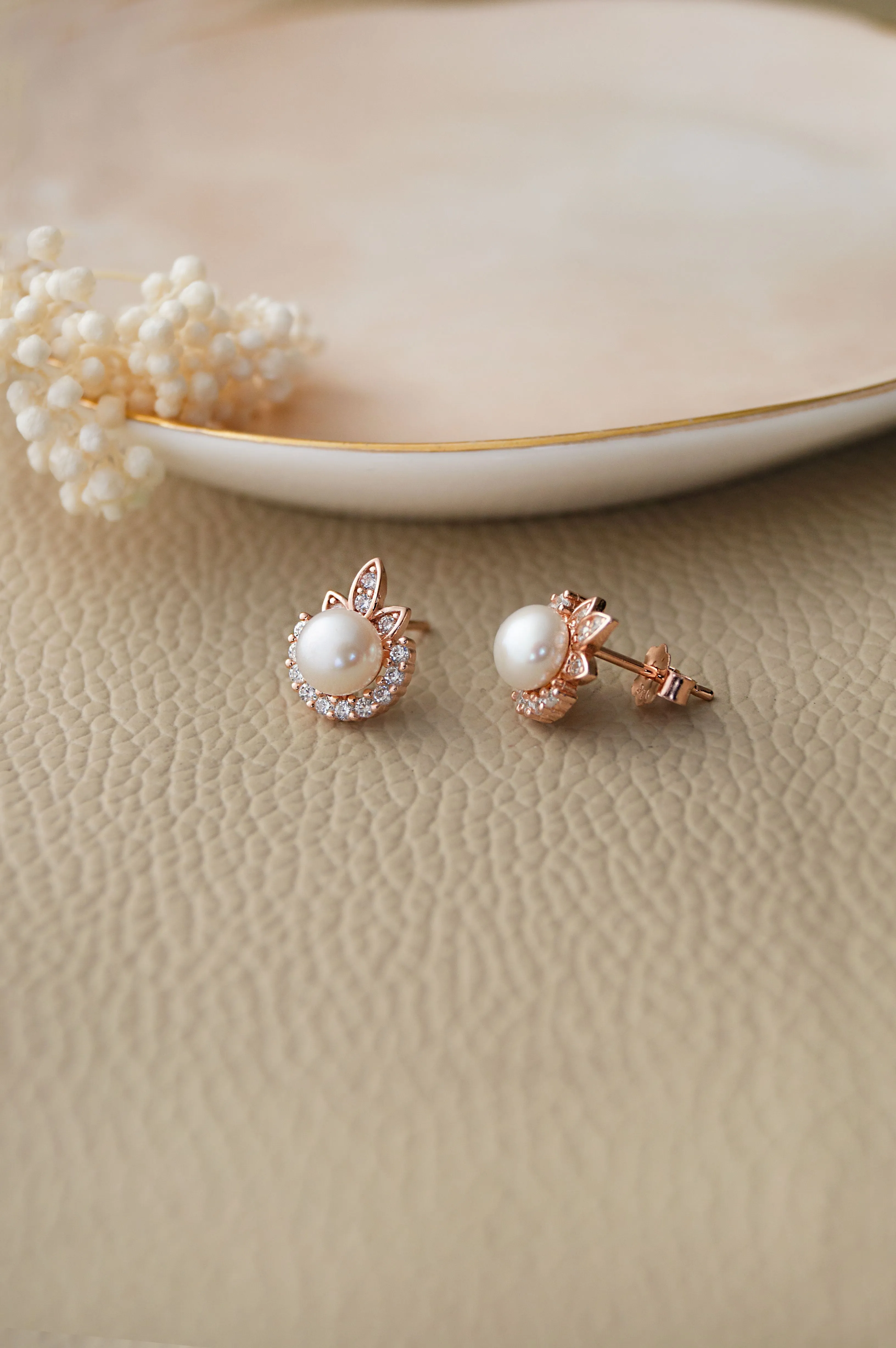 Pearly Dewdrop Rose Gold Plated Sterling Silver Stud Earrings