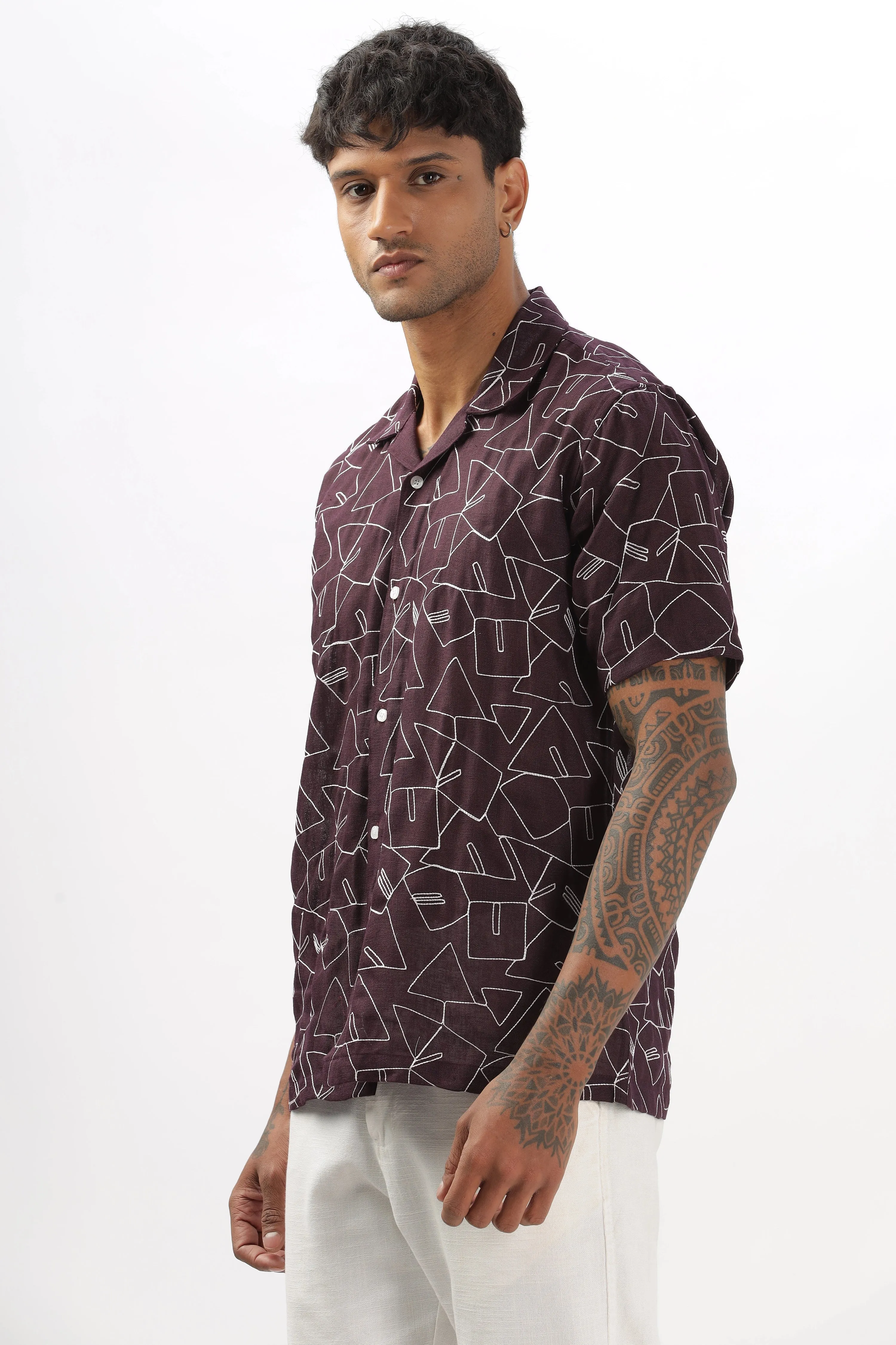 Purple abstract linen embroidered half sleeve shirt