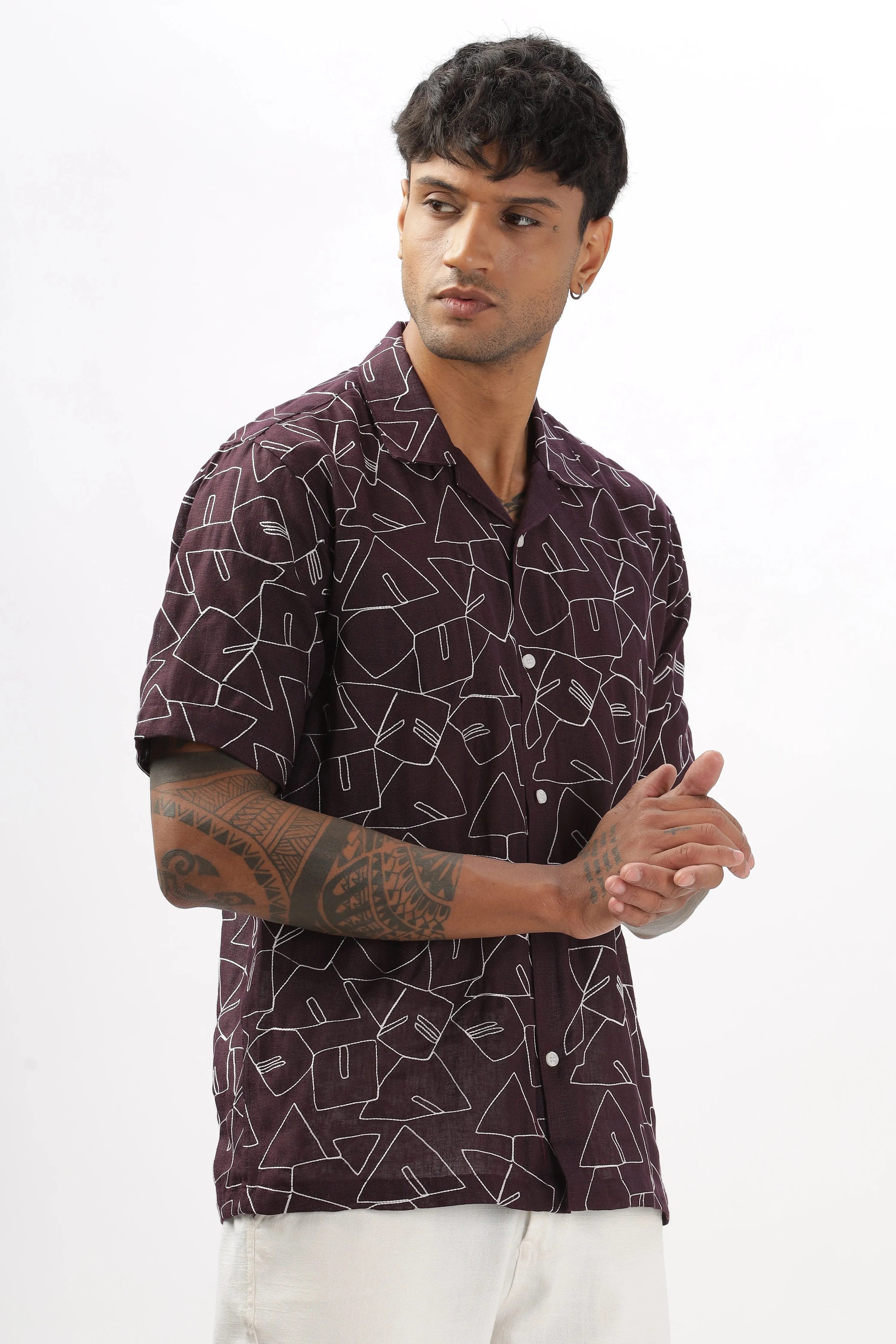 Purple abstract linen embroidered half sleeve shirt