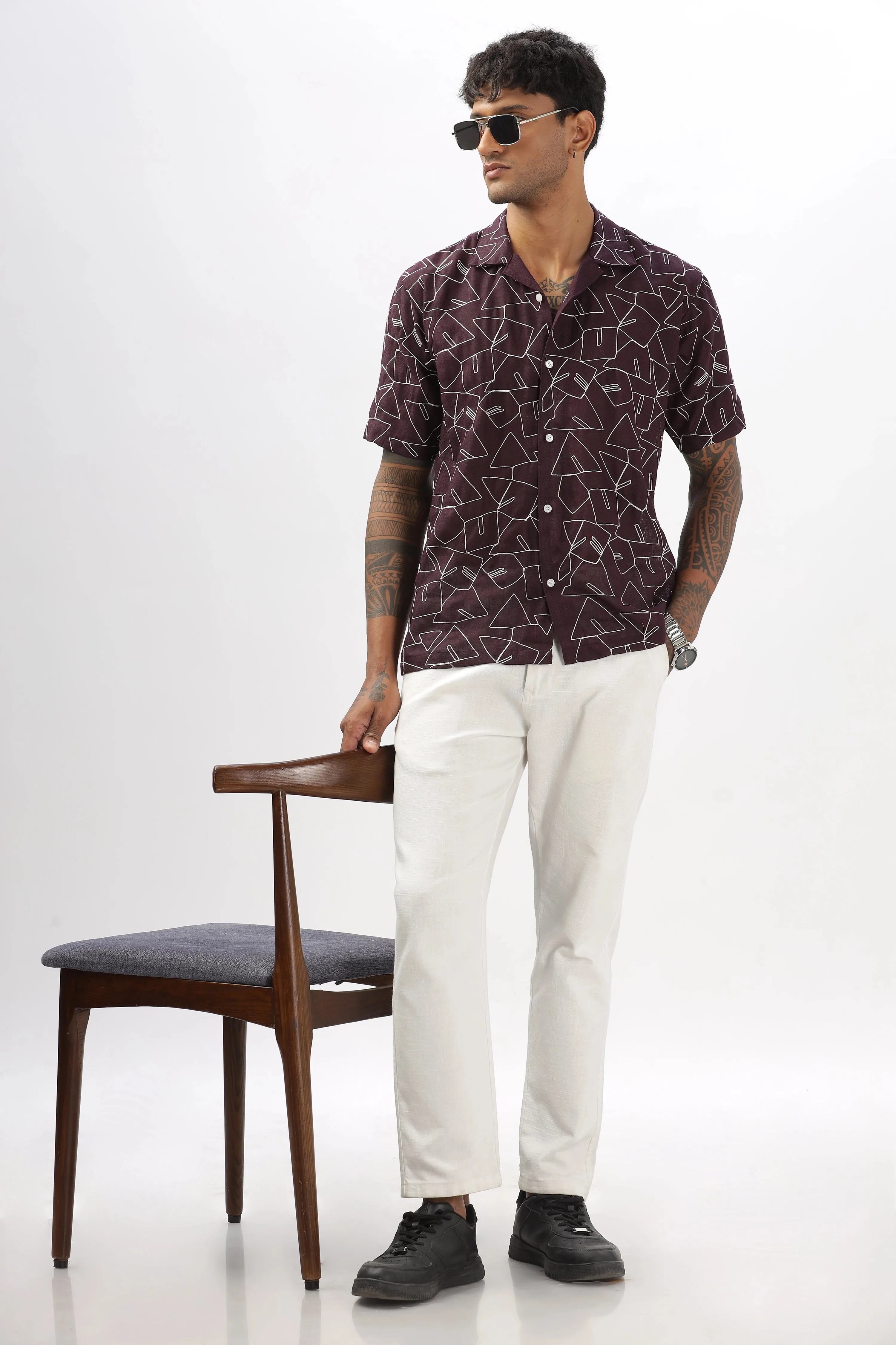 Purple abstract linen embroidered half sleeve shirt