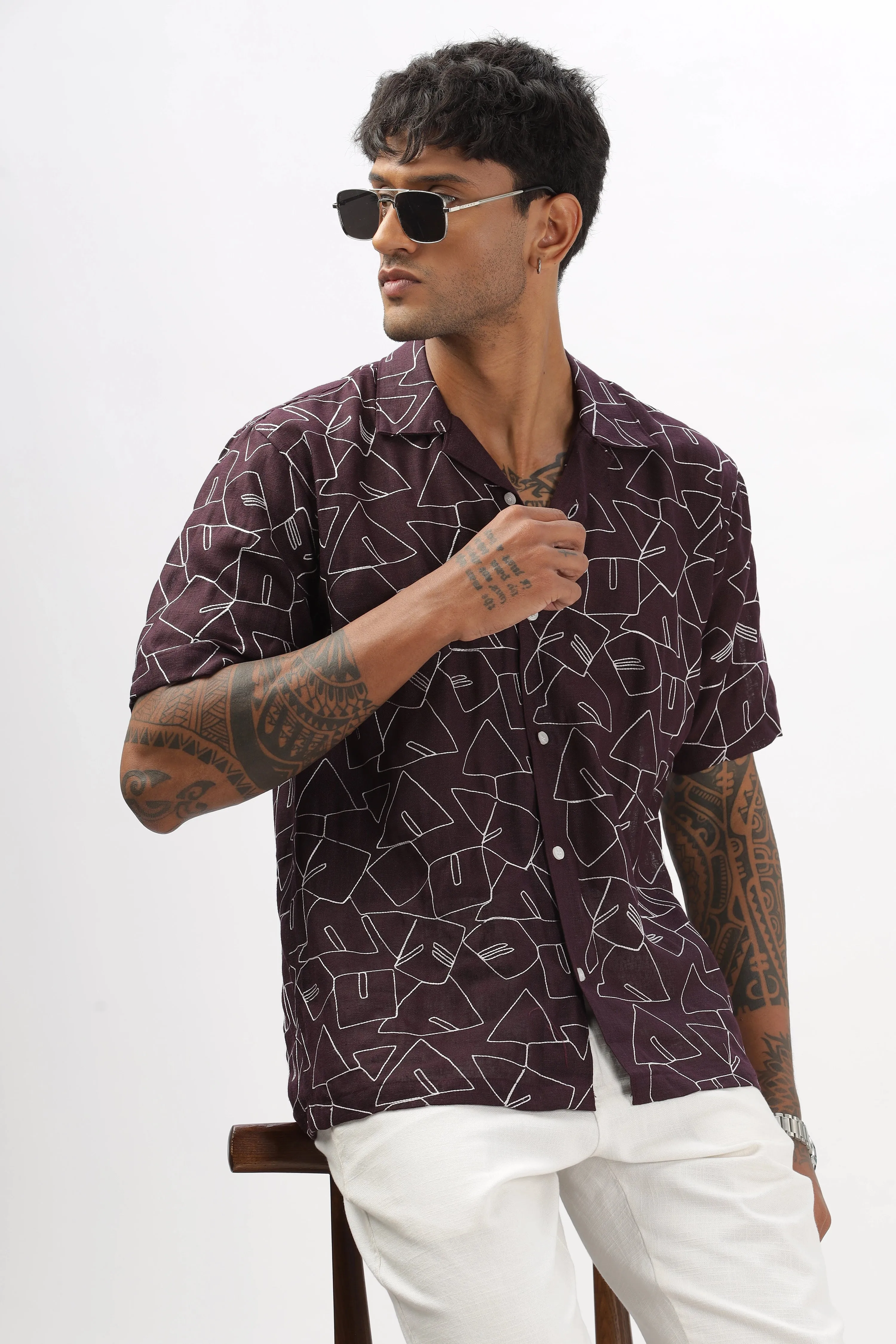 Purple abstract linen embroidered half sleeve shirt