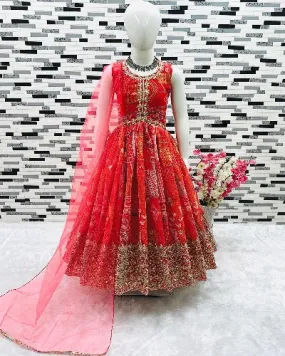 Red Alia Cut Kids Georgette Anarkali Gown Set