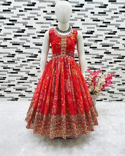 Red Alia Cut Kids Georgette Anarkali Gown Set