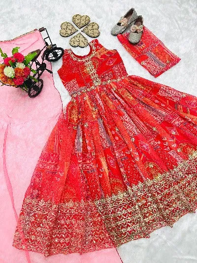 Red Alia Cut Kids Georgette Anarkali Gown Set