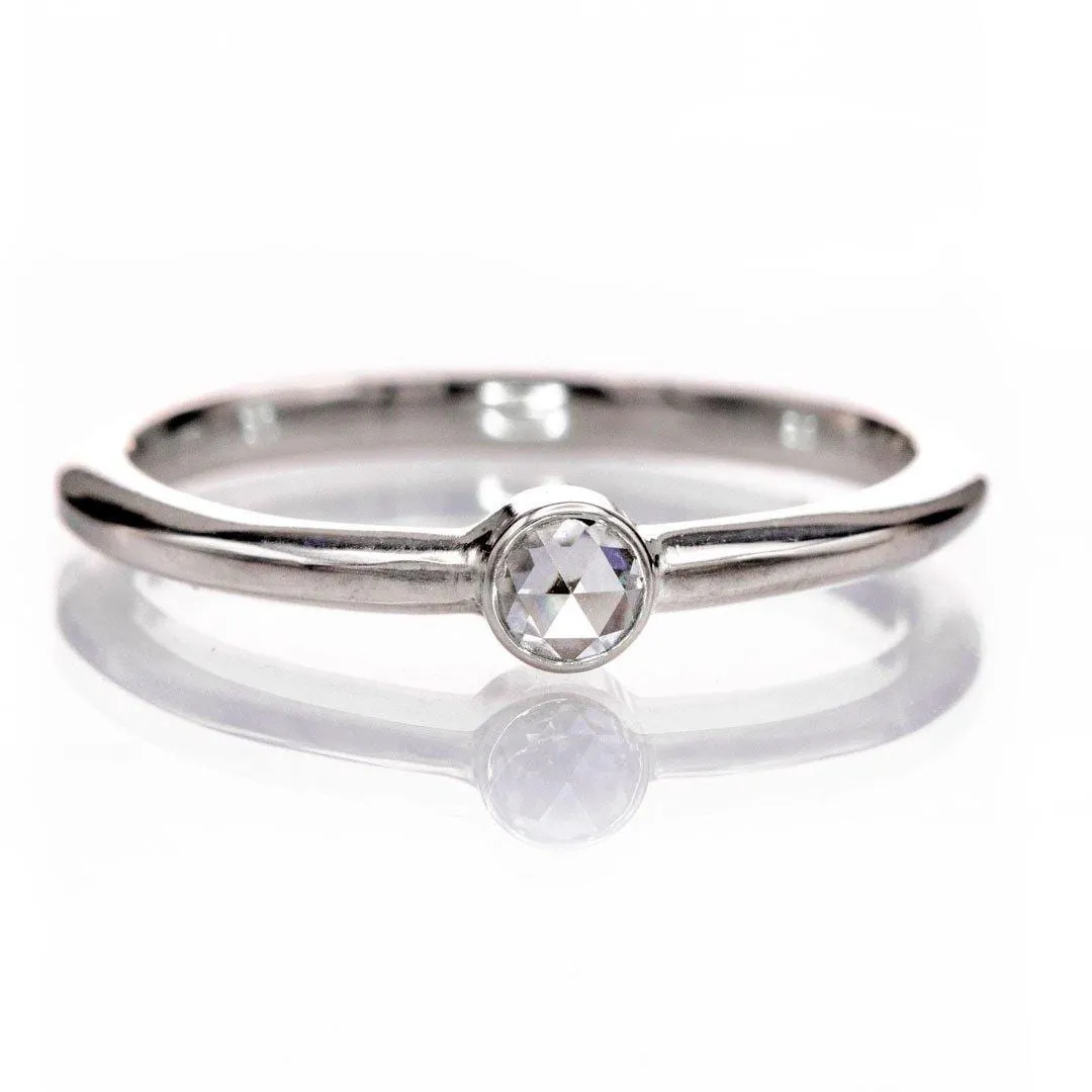 Rose Cut Moissanite Bezel Set Solitaire Sterling Silver Stacking Ring, size 4 to 9