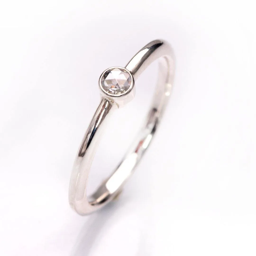 Rose Cut Moissanite Bezel Set Solitaire Sterling Silver Stacking Ring, size 4 to 9