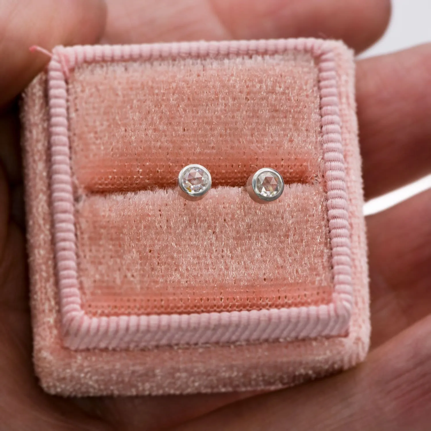 Round Rose Cut Moissanite Bezel Stud Earrings