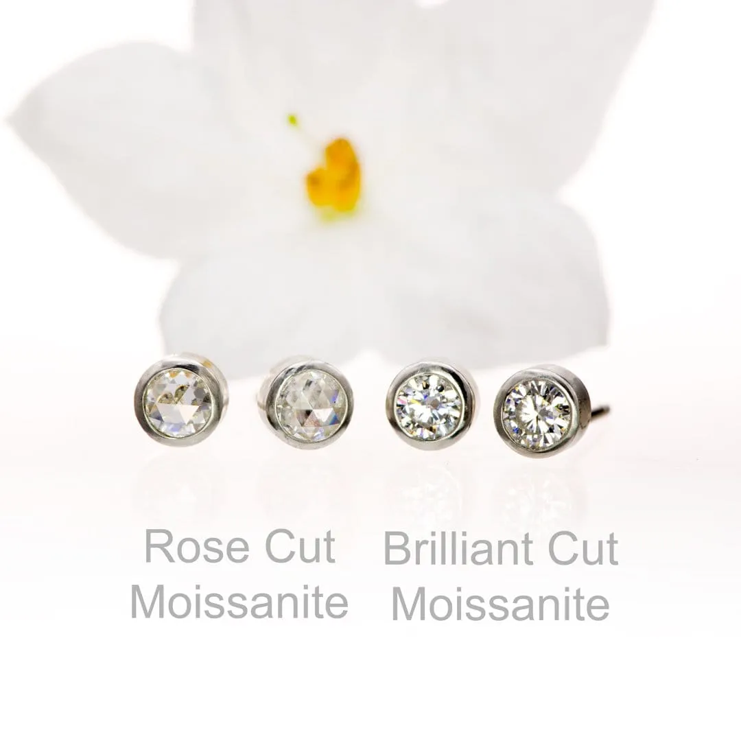 Round Rose Cut Moissanite Bezel Stud Earrings