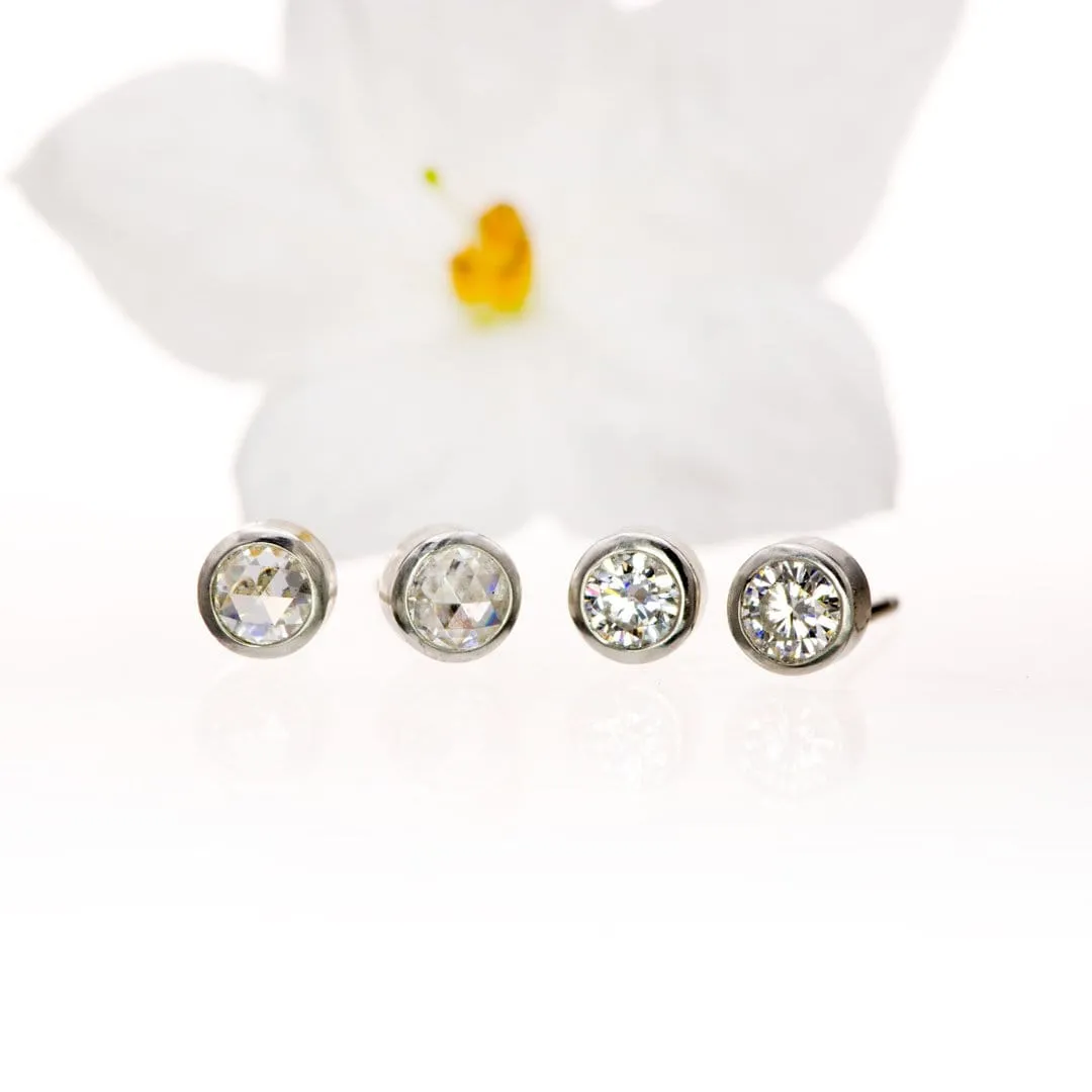 Round Rose Cut Moissanite Bezel Stud Earrings