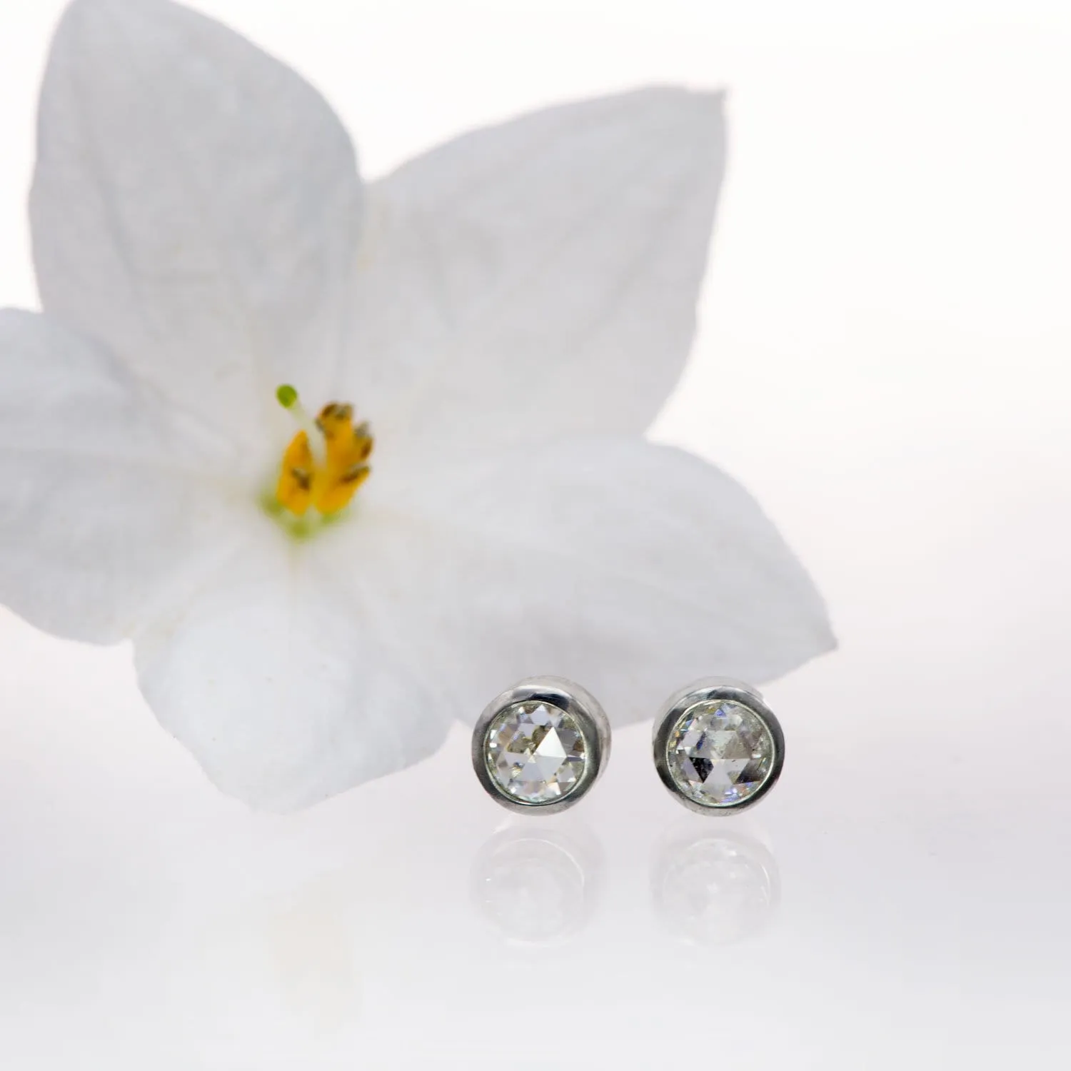 Round Rose Cut Moissanite Bezel Stud Earrings