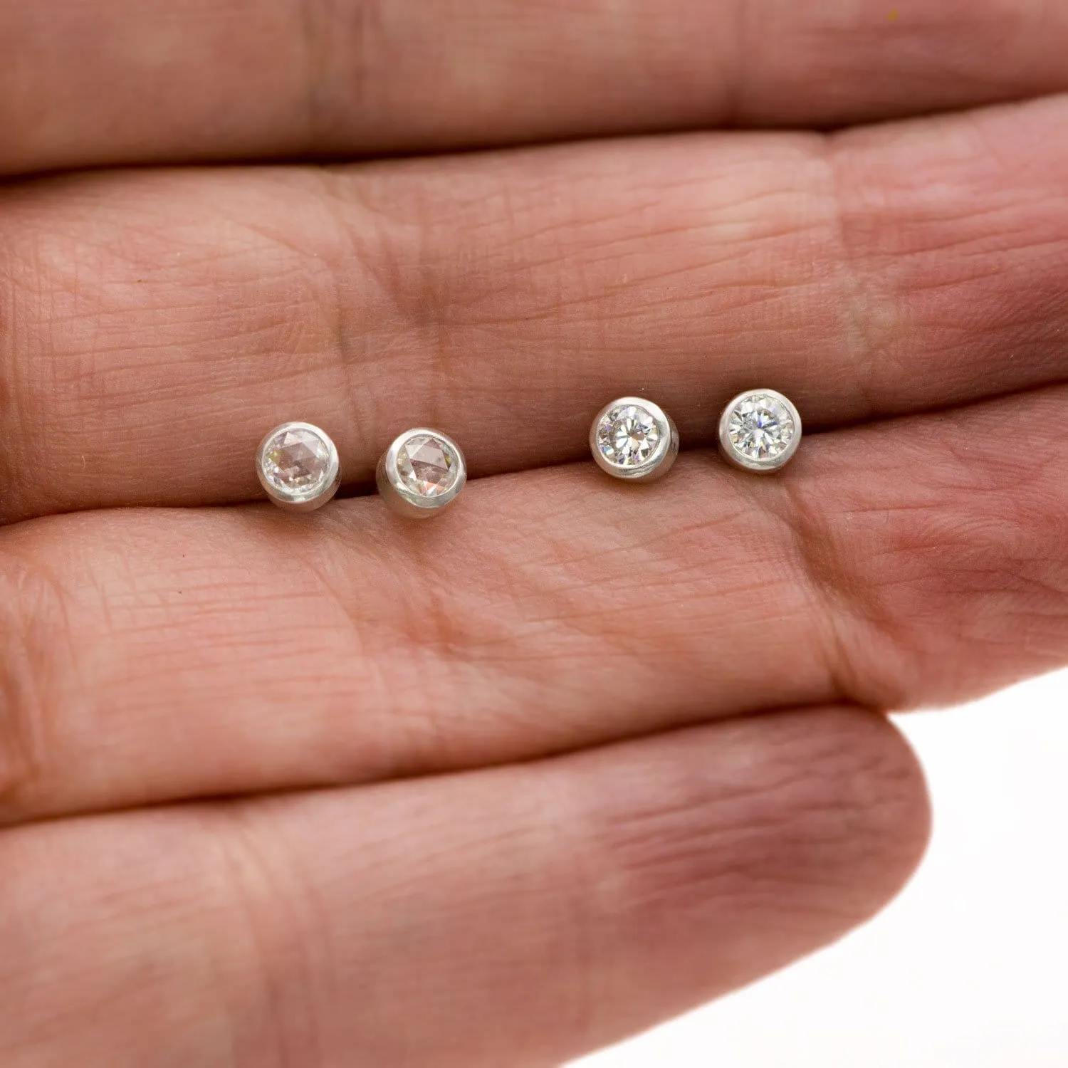 Round Rose Cut Moissanite Bezel Stud Earrings