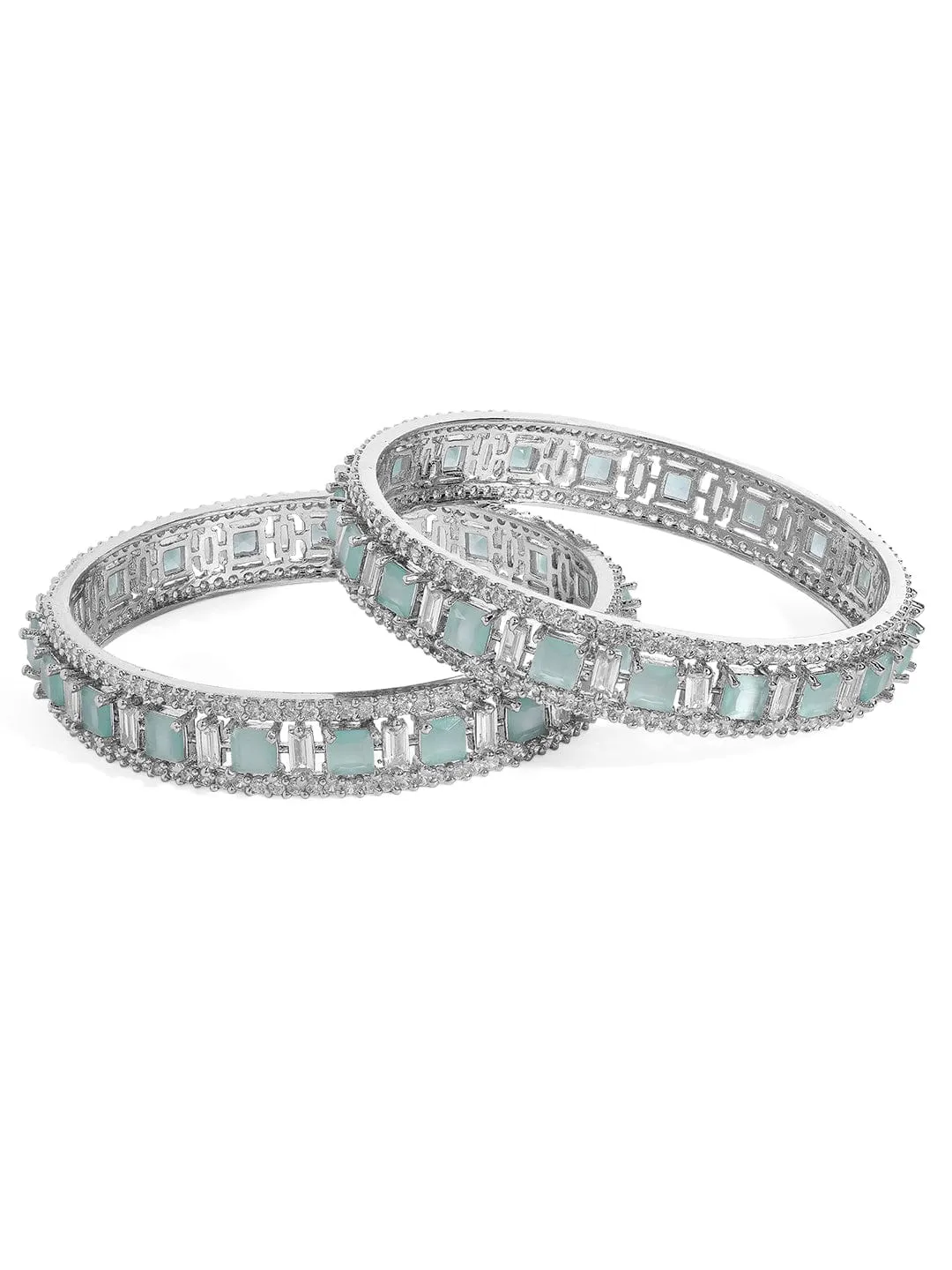 Rubans Silver Plated Pastel Green & Zirconia Stone Studded Set of 2 Bangles.