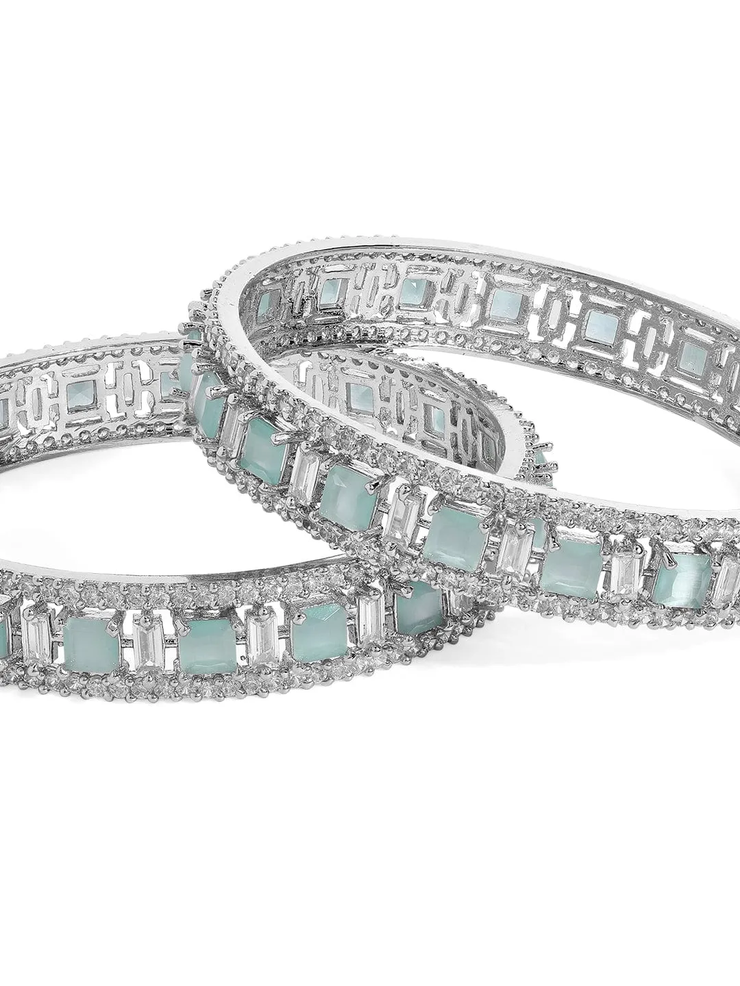 Rubans Silver Plated Pastel Green & Zirconia Stone Studded Set of 2 Bangles.