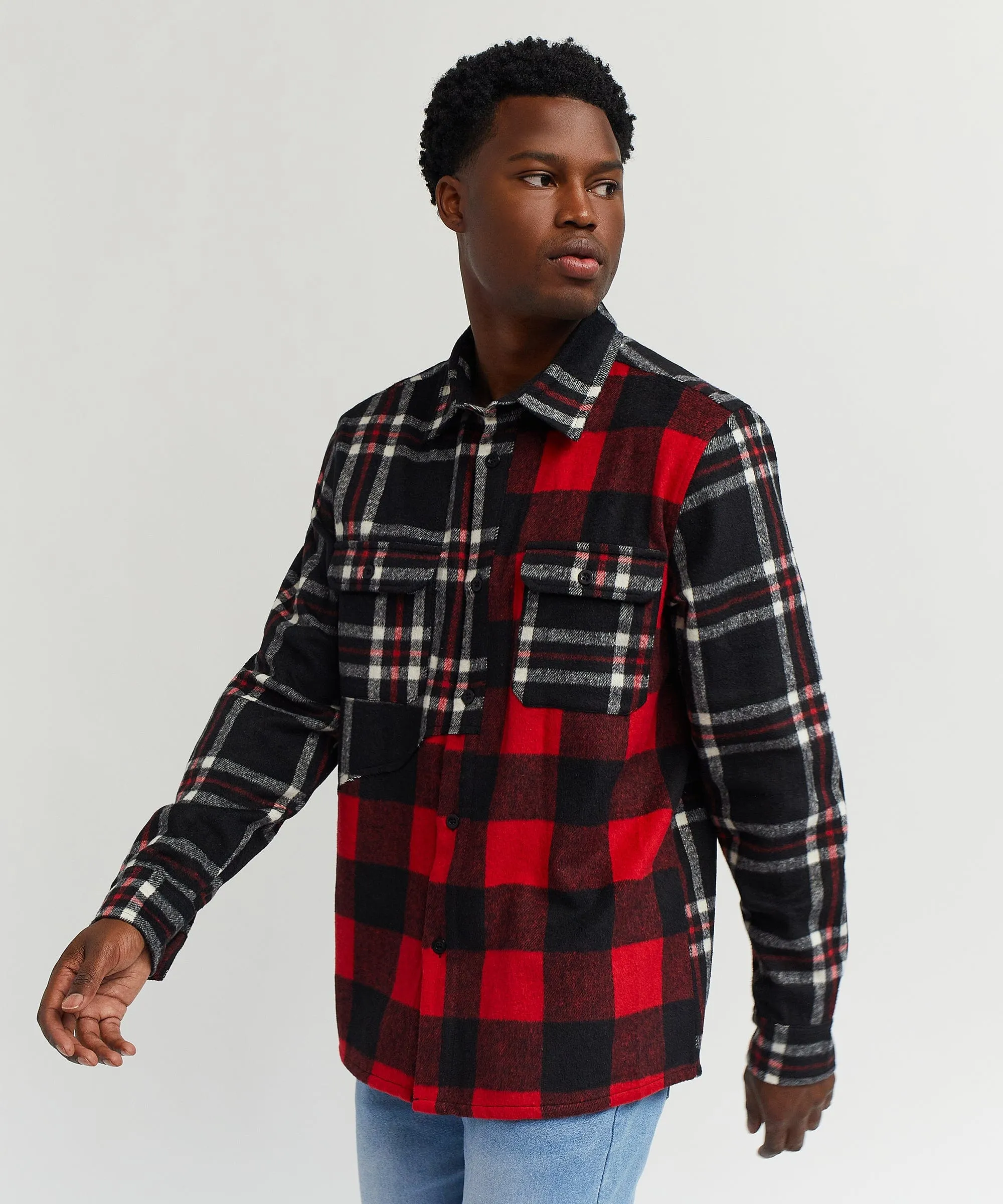 Spliced Checkered Color Blocked Overshirt - Black&Red