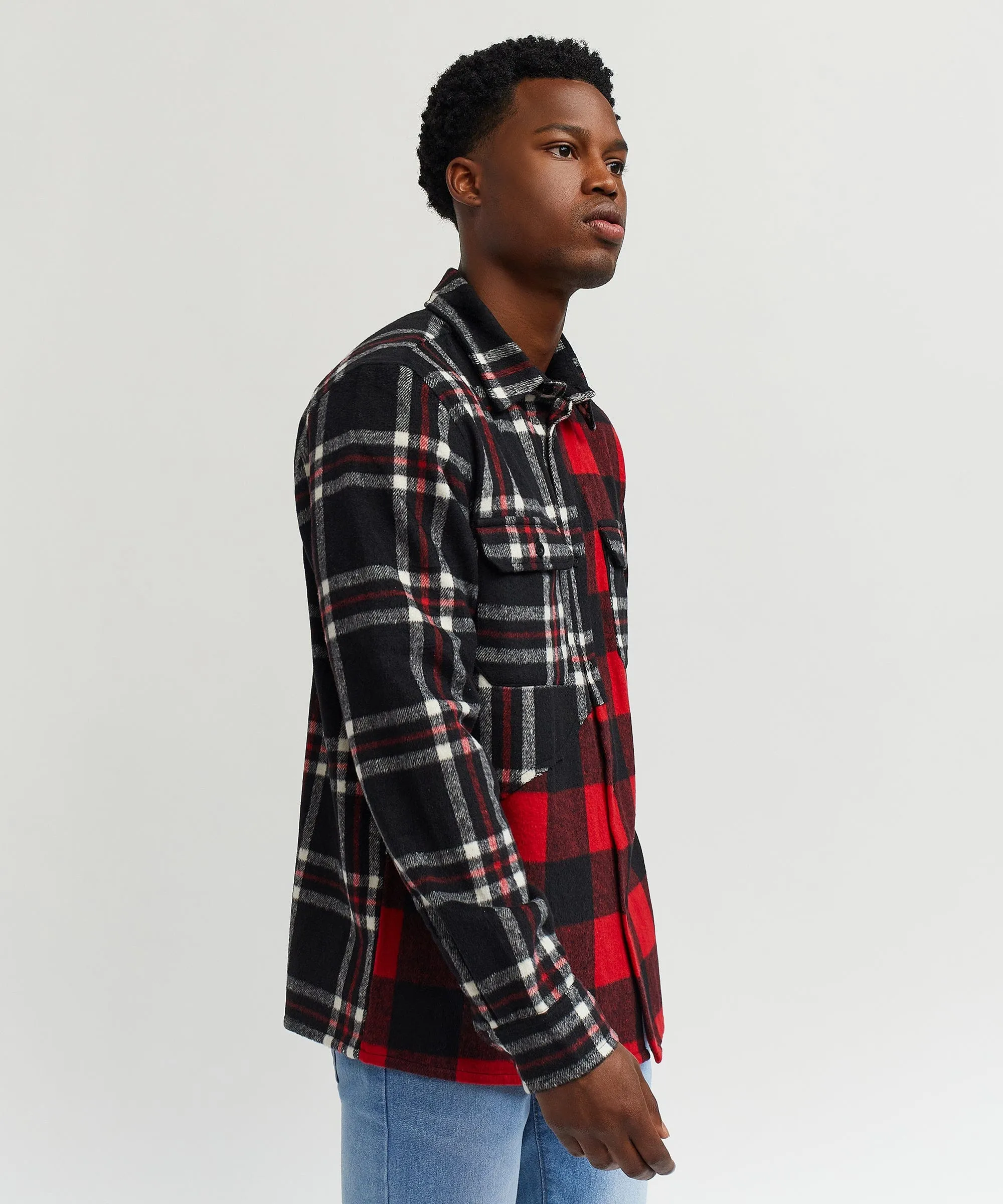 Spliced Checkered Color Blocked Overshirt - Black&Red