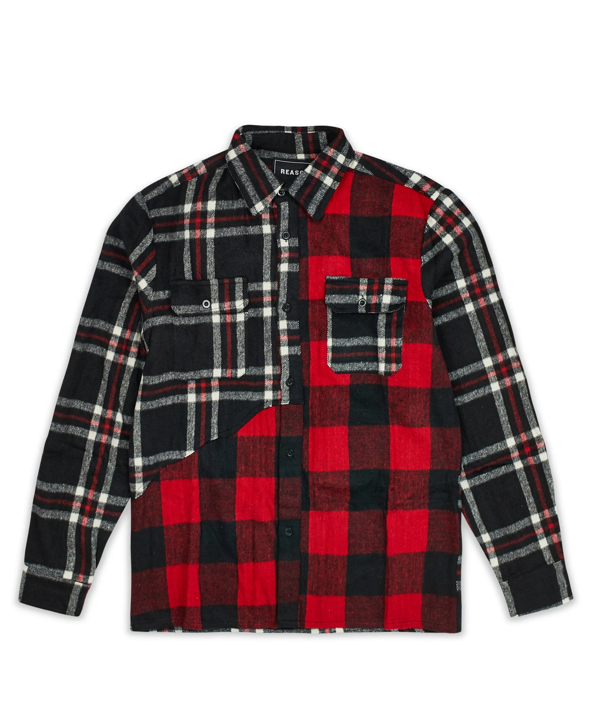 Spliced Checkered Color Blocked Overshirt - Black&Red