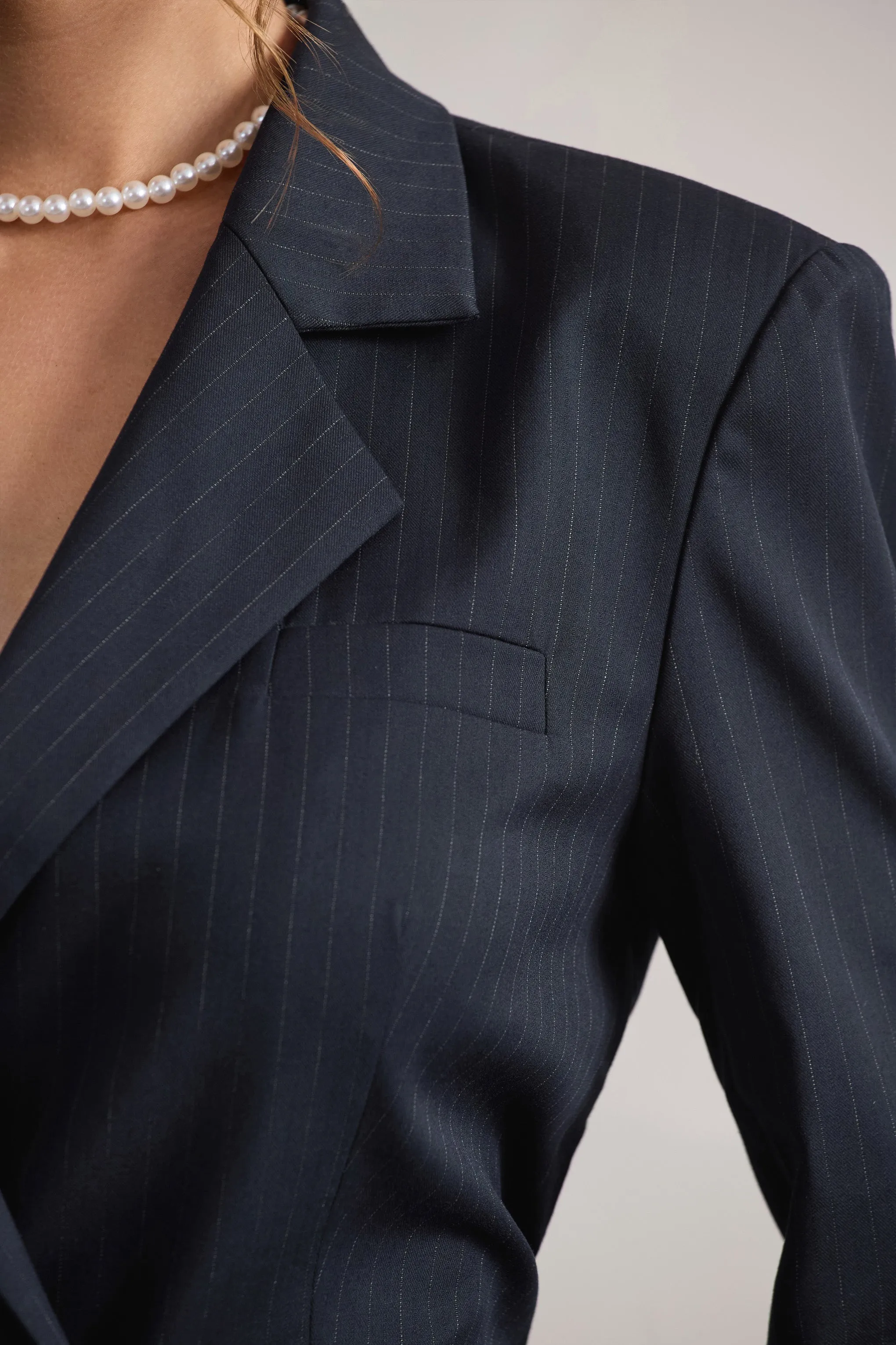 State Of Mind | Navy Pinstripe Tailored Blazer Mini Dress