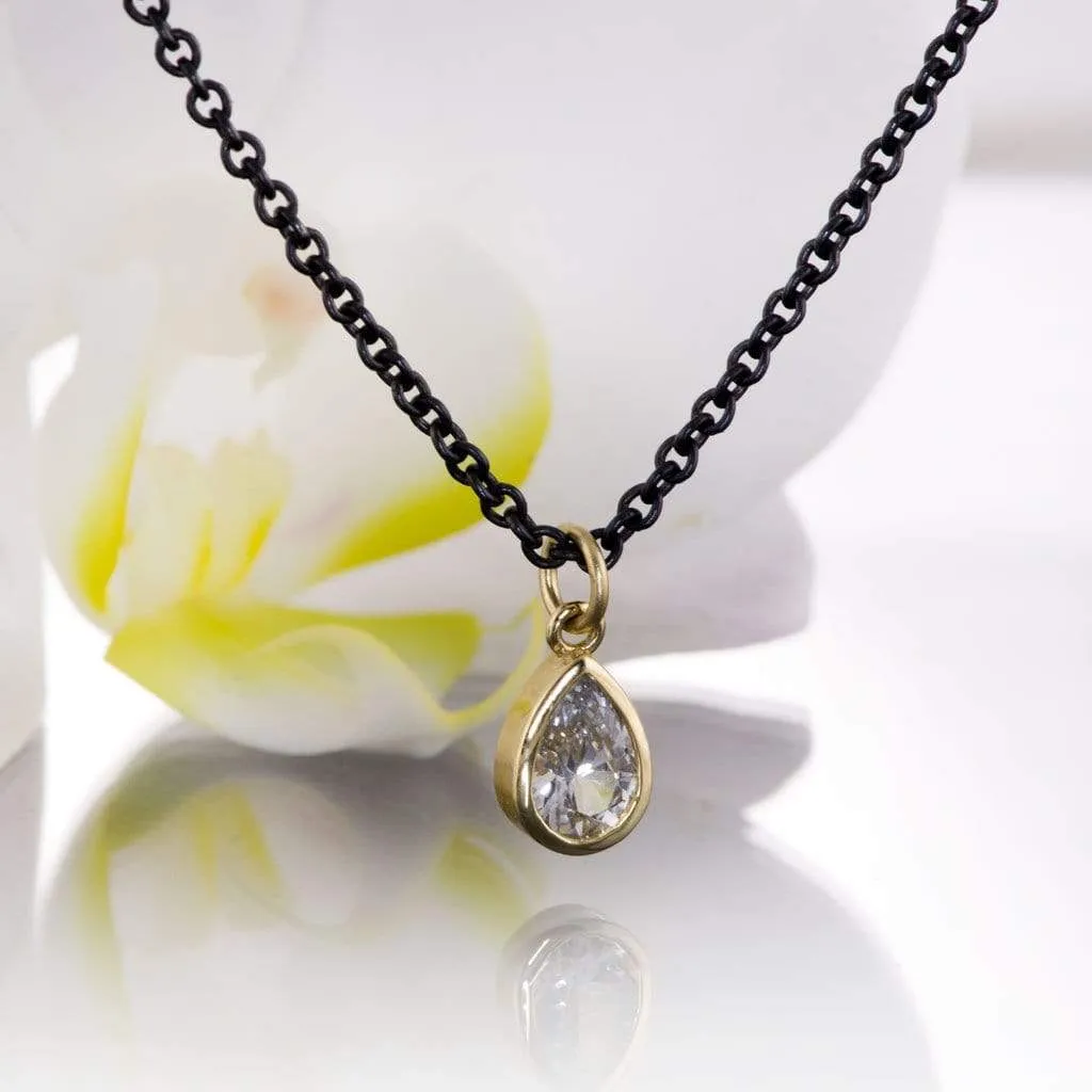 Tear Drop White Sapphire 14k Yellow Gold Pear Pendant With Oxidized Silver Chain Necklace