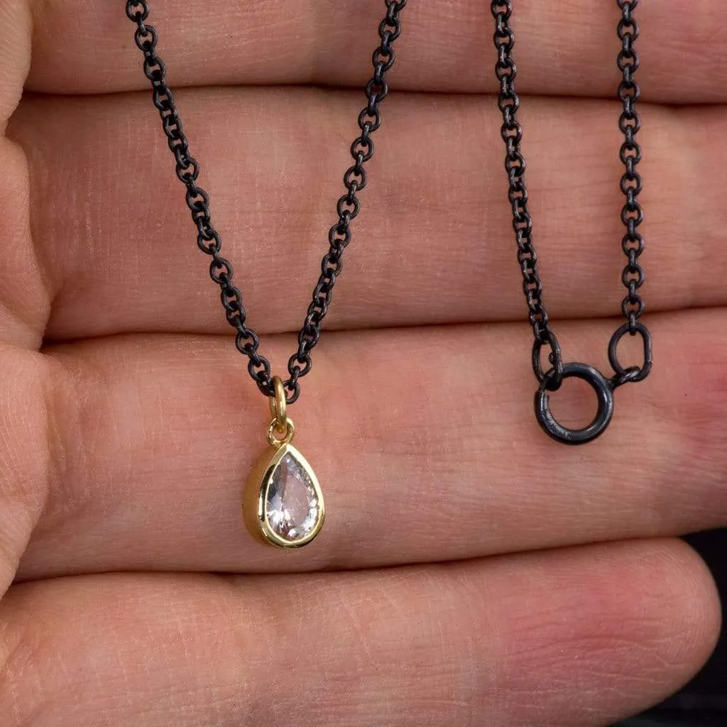 Tear Drop White Sapphire 14k Yellow Gold Pear Pendant With Oxidized Silver Chain Necklace