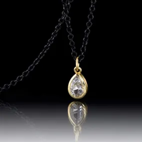 Tear Drop White Sapphire 14k Yellow Gold Pear Pendant With Oxidized Silver Chain Necklace