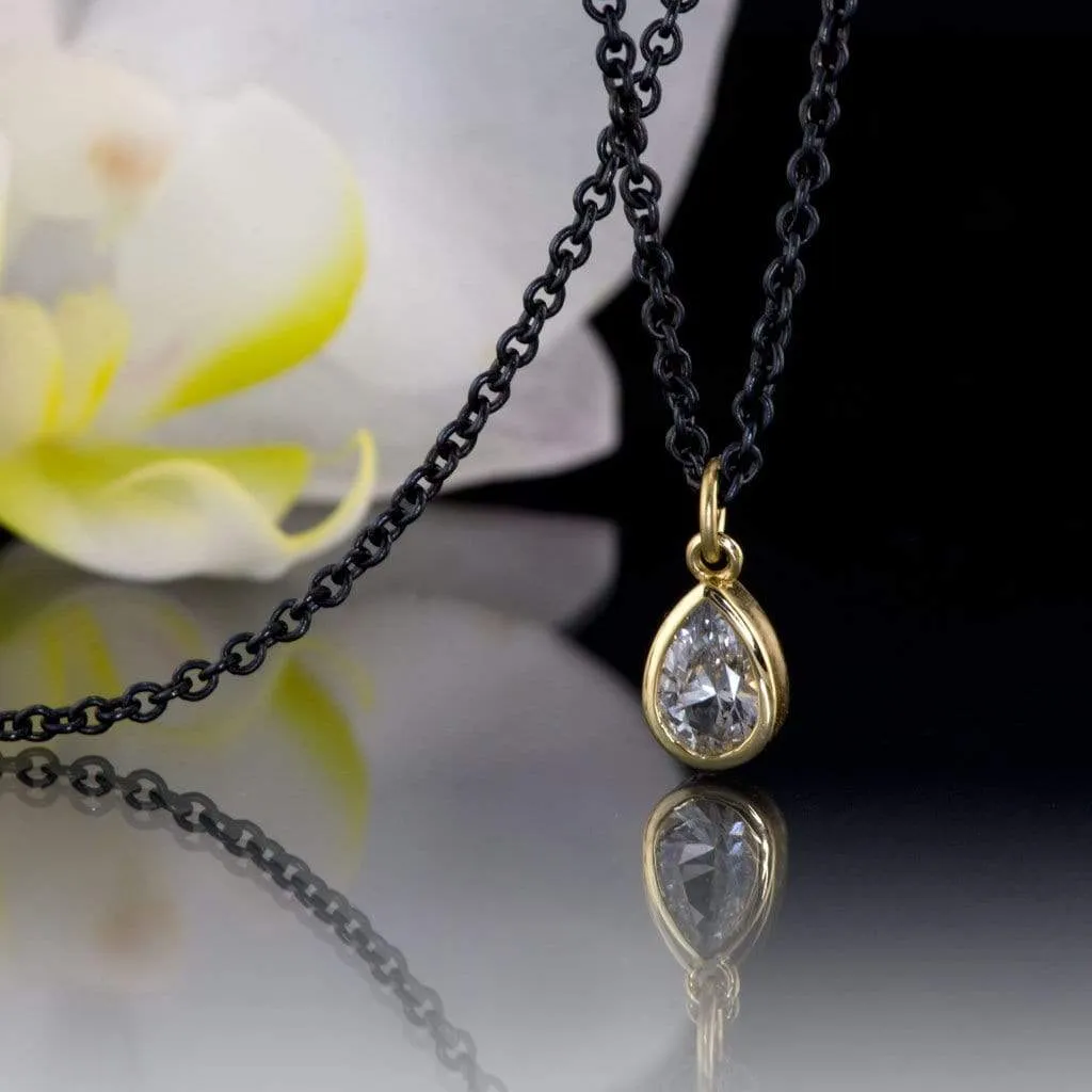 Tear Drop White Sapphire 14k Yellow Gold Pear Pendant With Oxidized Silver Chain Necklace