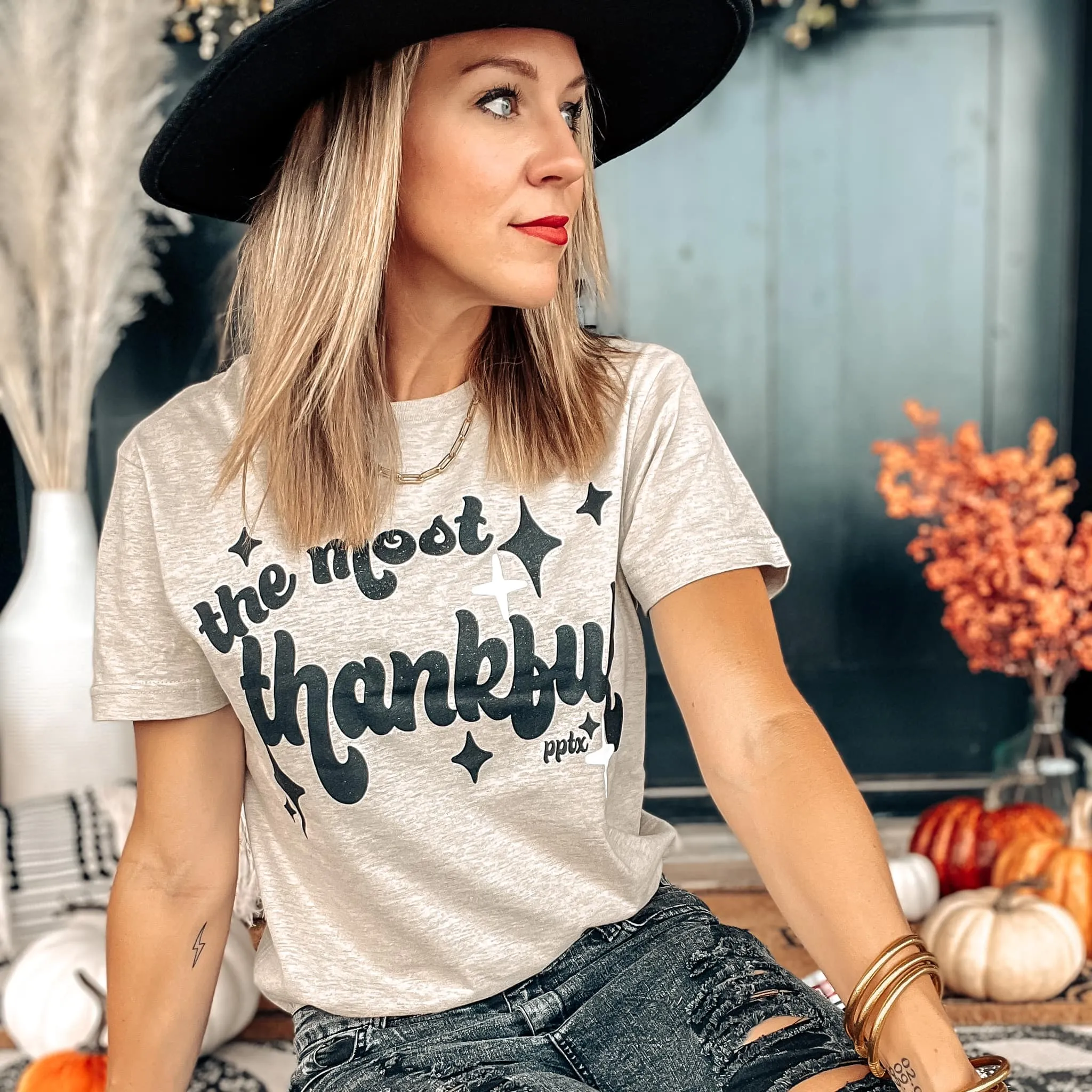 {THE MOST THANKFUL} Boho Neutral Cream Crew Neck Tee