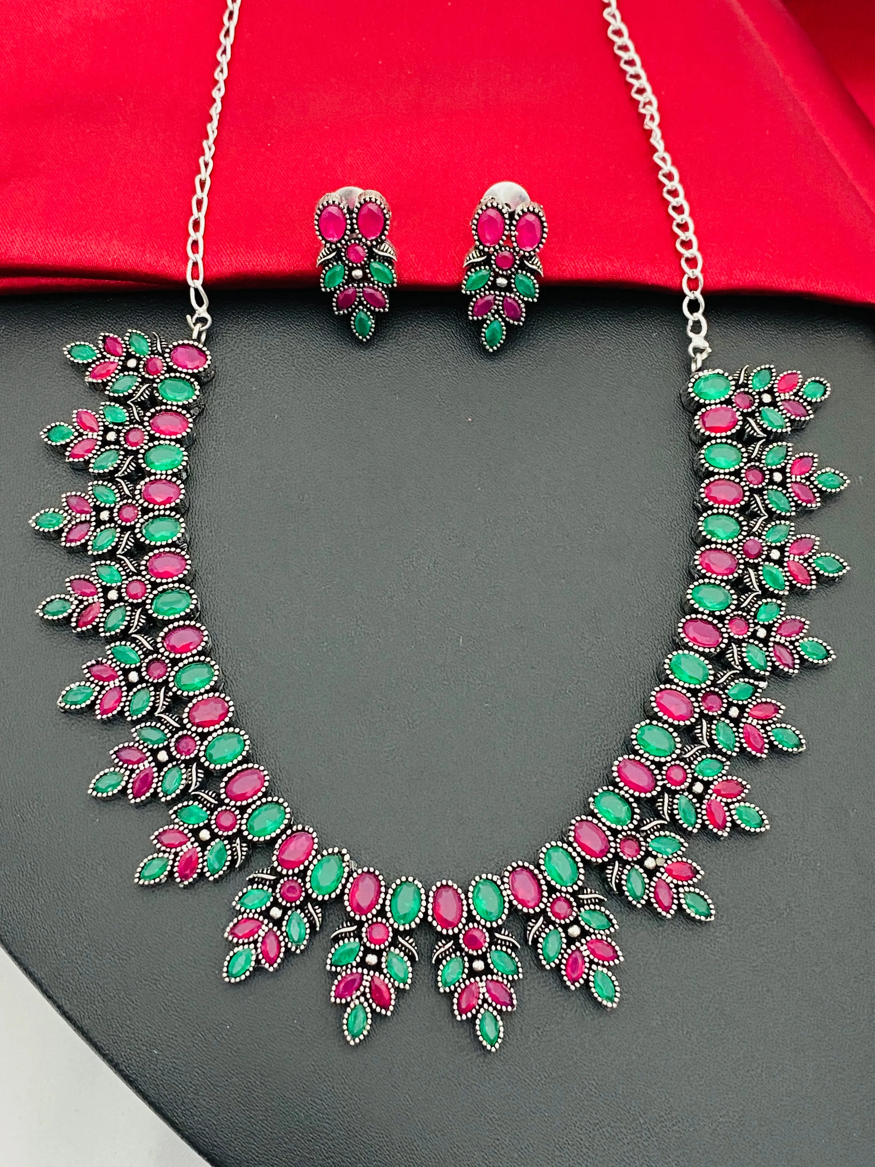 Trendy Multistone Studded German Silver Plated Antique Finish Oxidized Necklace Set With Earrings