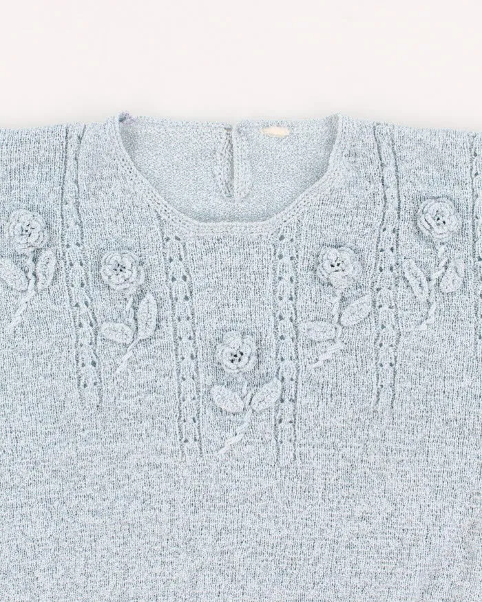 Vintage Woman's Baby Blue Rose embellished Knit Jumper - XS