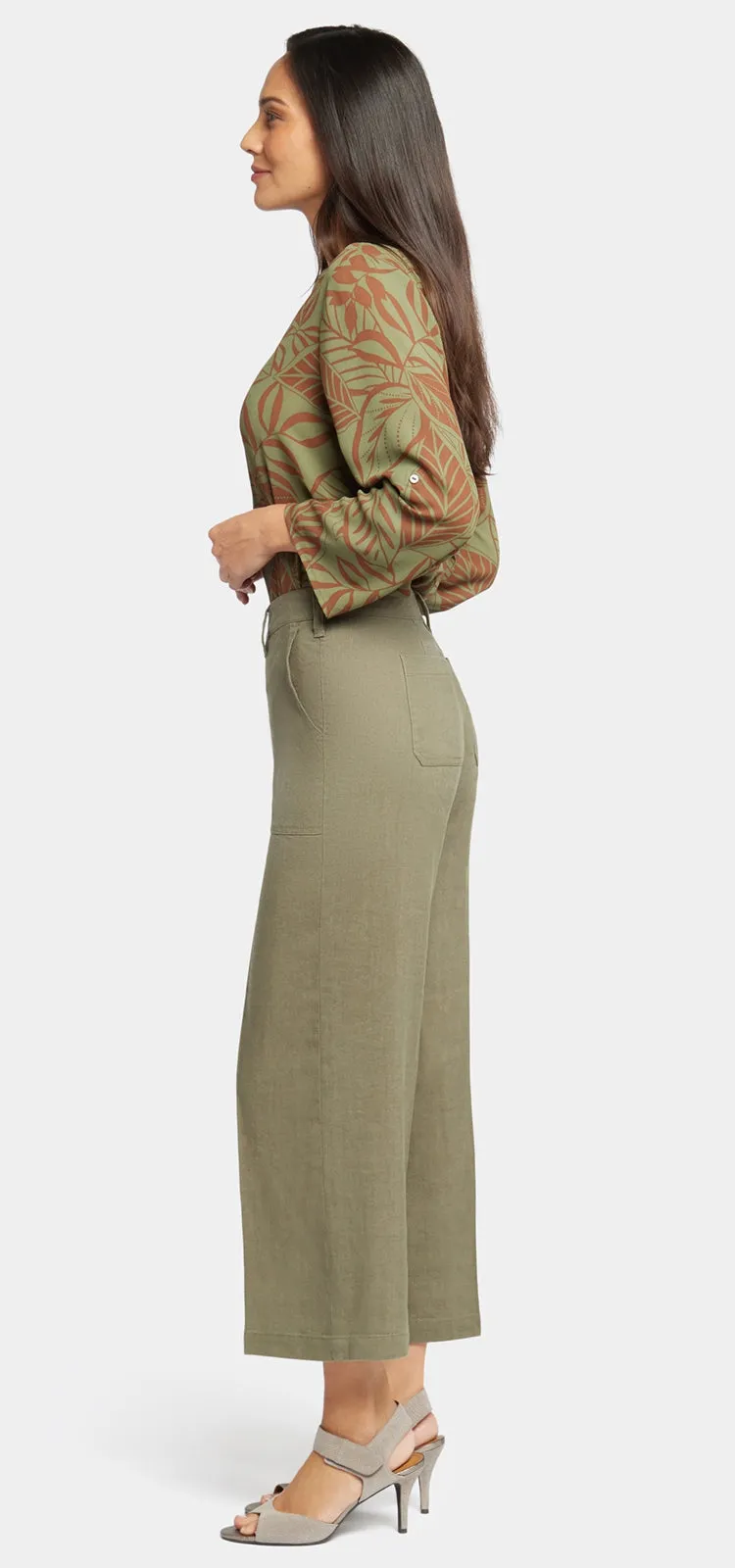 Wide Leg Cropped Capri Trouser Groen Stretch Linnen | Avocado