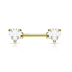 WildKlass Double Front Facing Heart CZ Prong Set 316L Surgical Steel Nipple Bar